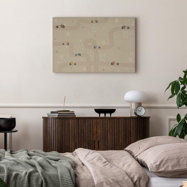 Tableau - Race - Colorful Cars on a Road on a Beige Background with Inscriptions