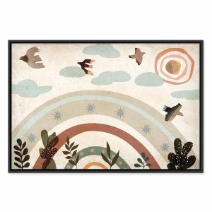 Tableau - Rainbow and Sun Above - Birds in Subdued Colors Flying Among Clouds Above a Rainbow and Various Plants on a Light Background