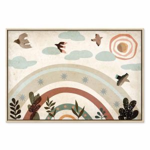 Tableau - Rainbow and Sun Above - Birds in Subdued Colors Flying Among Clouds Above a Rainbow and Various Plants on a Light Background