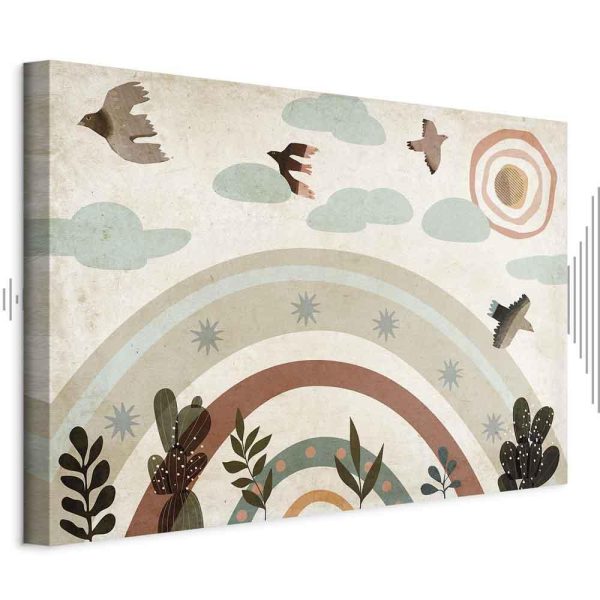 Tableau - Rainbow and Sun Above - Birds in Subdued Colors Flying Among Clouds Above a Rainbow and Various Plants on a Light Background