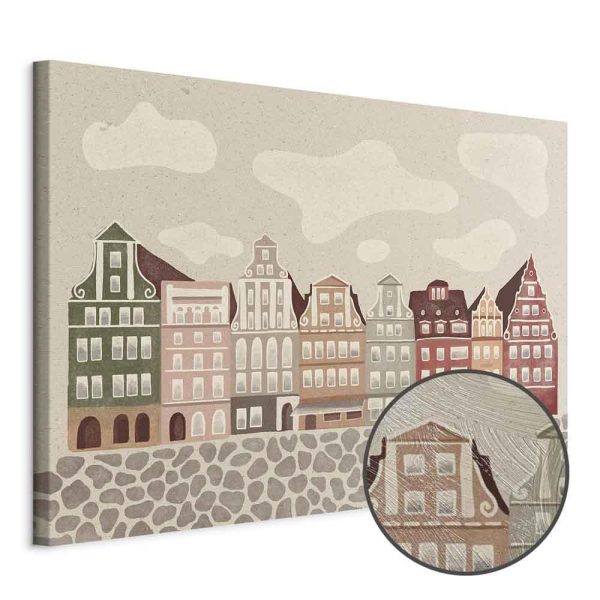 Tableau - Salt Square - Colorful Illustrated Townhouses Against a Cloudy Sky Background