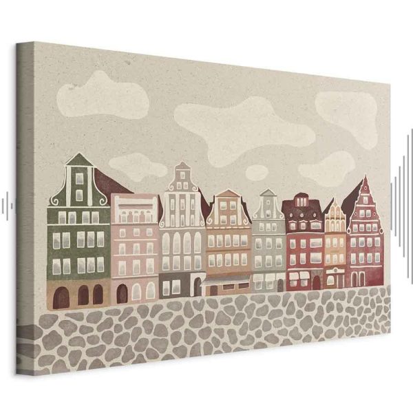 Tableau - Salt Square - Colorful Illustrated Townhouses Against a Cloudy Sky Background