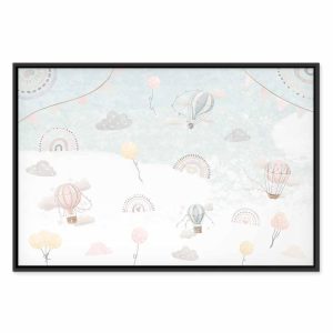 Tableau - Sky with Balloons - Balloons in Subdued Colors Flying in the Sky Among Clouds Rainbows and Stars