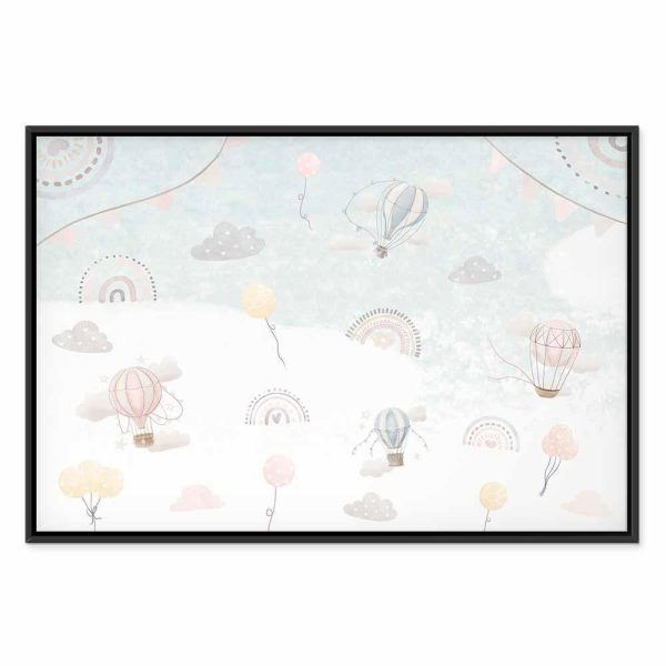 Tableau - Sky with Balloons - Balloons in Subdued Colors Flying in the Sky Among Clouds Rainbows and Stars