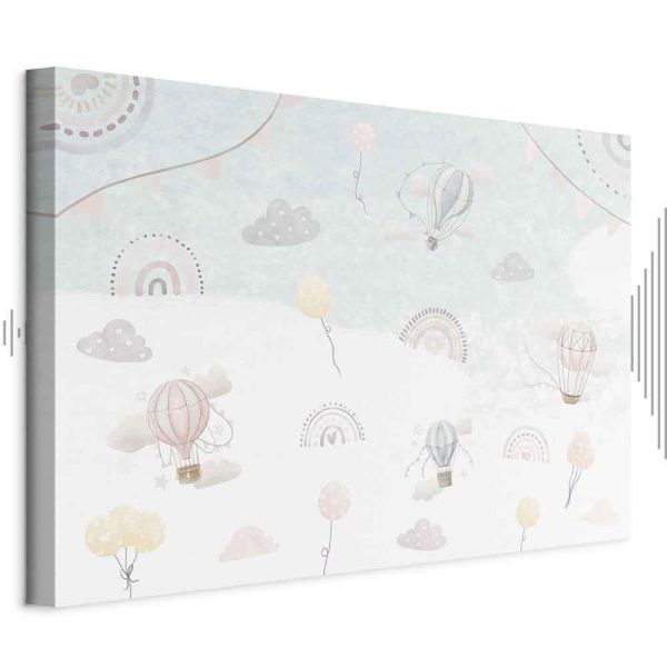 Tableau - Sky with Balloons - Balloons in Subdued Colors Flying in the Sky Among Clouds Rainbows and Stars