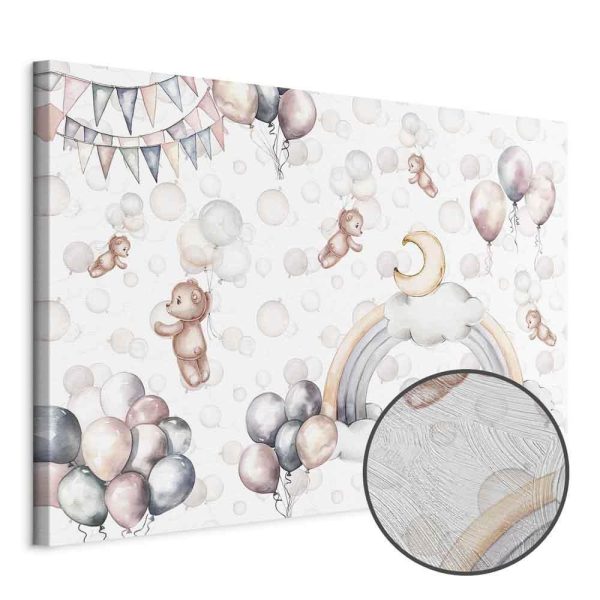 Tableau - Toy Bears with Balloons - Flying Plush Bears Among Balloons Clouds and Rainbows in Subtle Pastel Hues