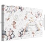 Tableau - Toy Bears with Balloons - Flying Plush Bears Among Balloons Clouds and Rainbows in Subtle Pastel Hues