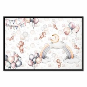 Tableau - Toy Bears with Balloons - Flying Plush Bears Among Balloons Clouds and Rainbows in Subtle Pastel Hues