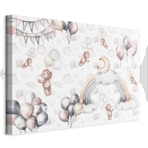 Tableau - Toy Bears with Balloons - Flying Plush Bears Among Balloons Clouds and Rainbows in Subtle Pastel Hues