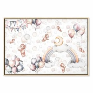 Tableau - Toy Bears with Balloons - Flying Plush Bears Among Balloons Clouds and Rainbows in Subtle Pastel Hues
