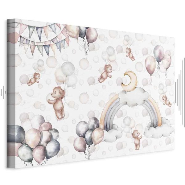 Tableau - Toy Bears with Balloons - Flying Plush Bears Among Balloons Clouds and Rainbows in Subtle Pastel Hues
