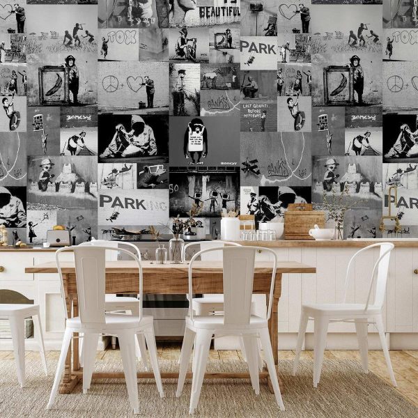 Tapisserie murale - Banksy - grey collage