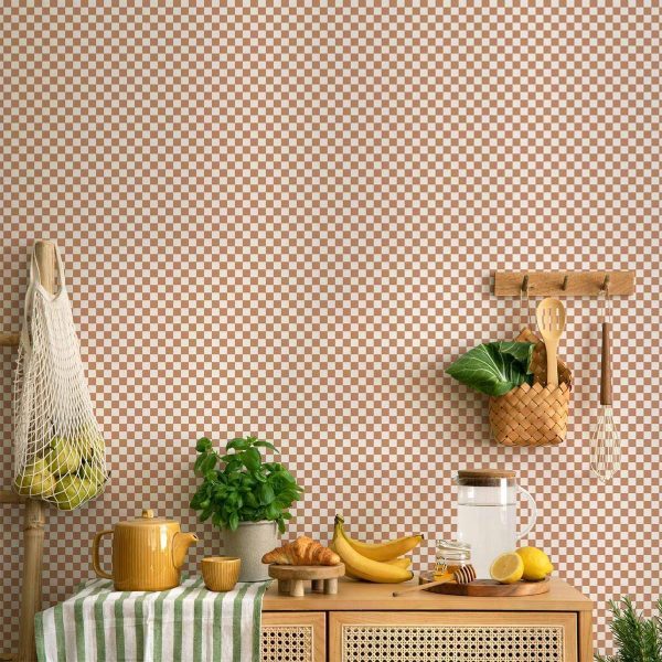 Tapisserie murale - Checkerboard Pattern - Brown-White Grid with a Subtle Noise
