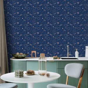 Tapisserie murale - Cosmic Fantasy - Pattern with Suns - Moons - and Dragonflies on a Dark Background