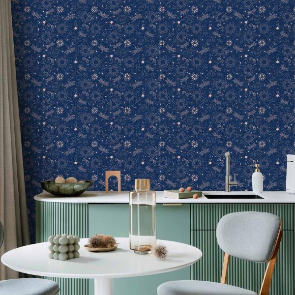 Tapisserie murale - Cosmic Fantasy - Pattern with Suns - Moons - and Dragonflies on a Dark Background