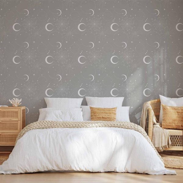 Tapisserie murale - Cosmic Fireworks - Elegant pattern with moons and stars on a gray background