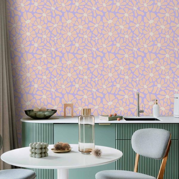 Tapisserie murale - Cute Light-Beige Little Flowers - Small flowers with beige - undulating petals on a blue background