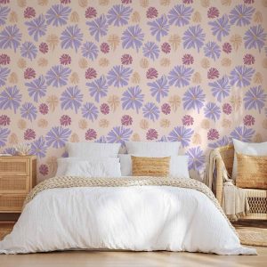 Tapisserie murale - Floating Flowers - Tiny - wind-borne flowers in three colors - on a light background