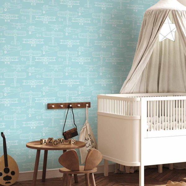 Tapisserie murale - Sketch - Outline of an airplane in white on a turquoise background