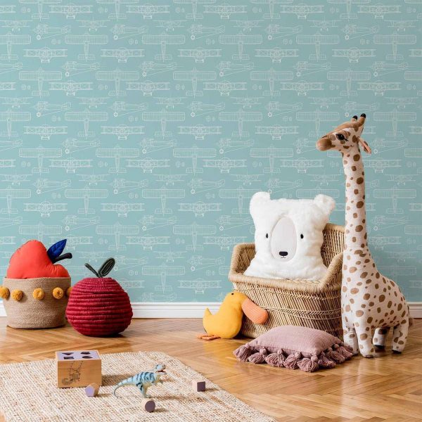 Tapisserie murale - Sketch - Outline of an airplane in white on a turquoise background