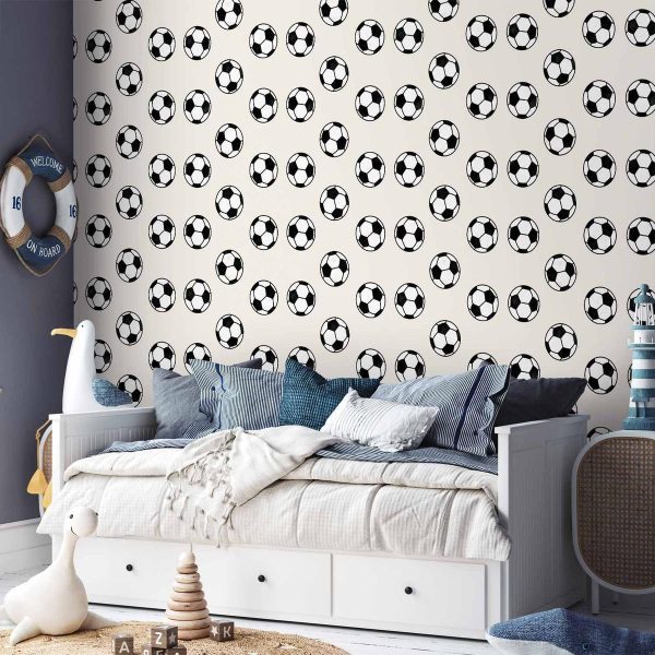 Tapisserie murale - Soccer - Symmetrical black-and-white soccer balls on a beige background