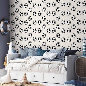 Tapisserie murale - Soccer - Symmetrical black-and-white soccer balls on a beige background