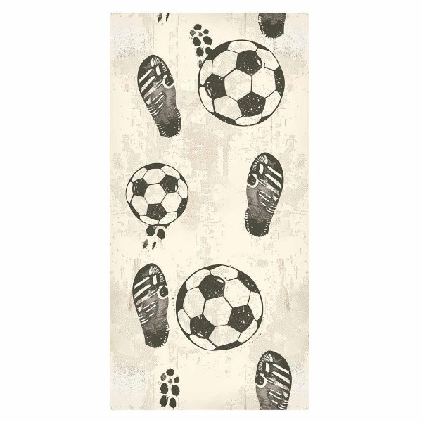 Tapisserie murale - Traces and Balls - Black-and-white soccer motifs on a beige background